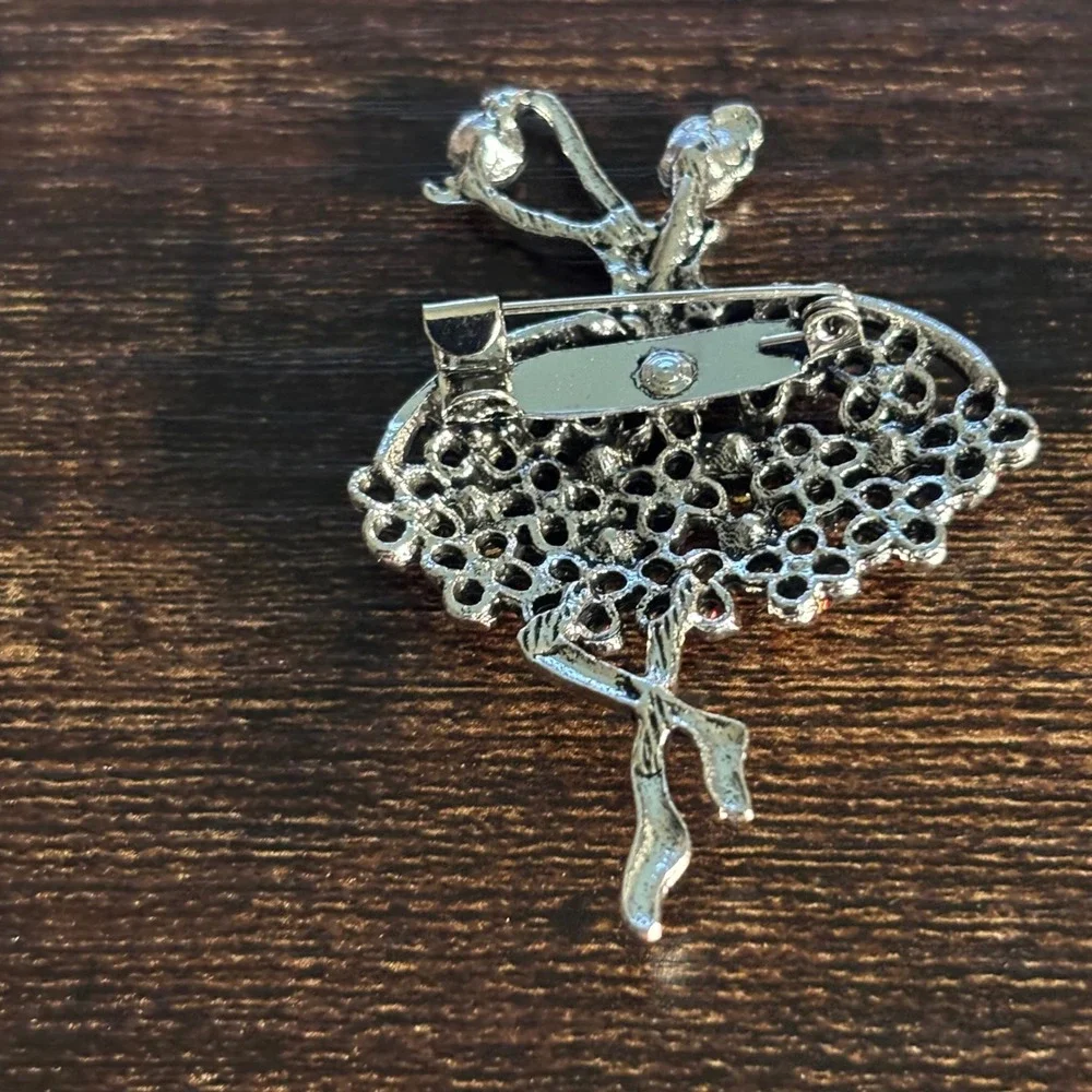 Silver Tone Red Rhinestone Ballerina Dancer Brooch Pin Aurora Borealis Accents